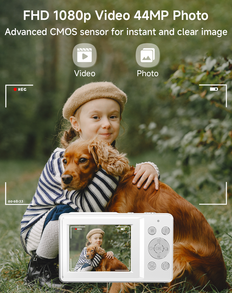 44MP FHD 1080P Digital Camera for Teens, Compact Point and Shoot Camera with 16X Zoom, Face Detect, Smile Capture, Anti Shake