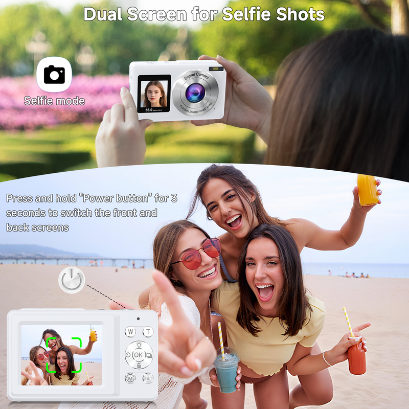 2026 Upgraded 56MP Digital Camera with Dual Screens, 2.7K Vlogging Camera for Selfies, 16X Zoom, Smile Capture, Anti Shake, Compact Travel Camera