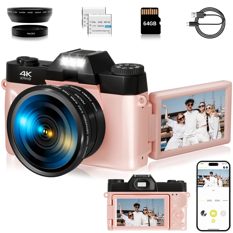 4K 75MP Digital Camera for Photography, WiFi Vlogging Camera for YouTube with 3" 180° Flip Screen, 16X Zoom, 64GB SD Card, 2 Batteries