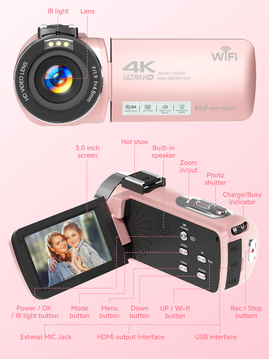 Mp4 Video Camera 4K Video Camera Camcorder, UHD 56MP WiFi Vlogging Camera for YouTube w ...