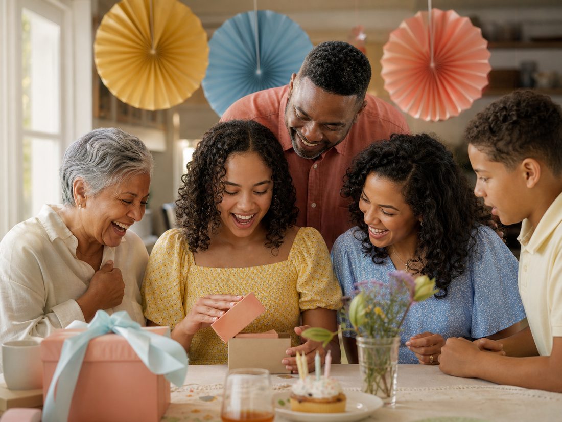 Family celebrating a warm birthday moment at home