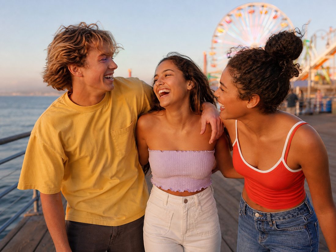 Friends sharing an afternoon at a seaside boardwalk