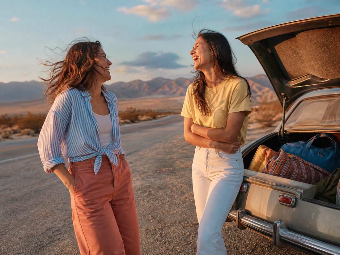Friends pausing during a sunny road trip